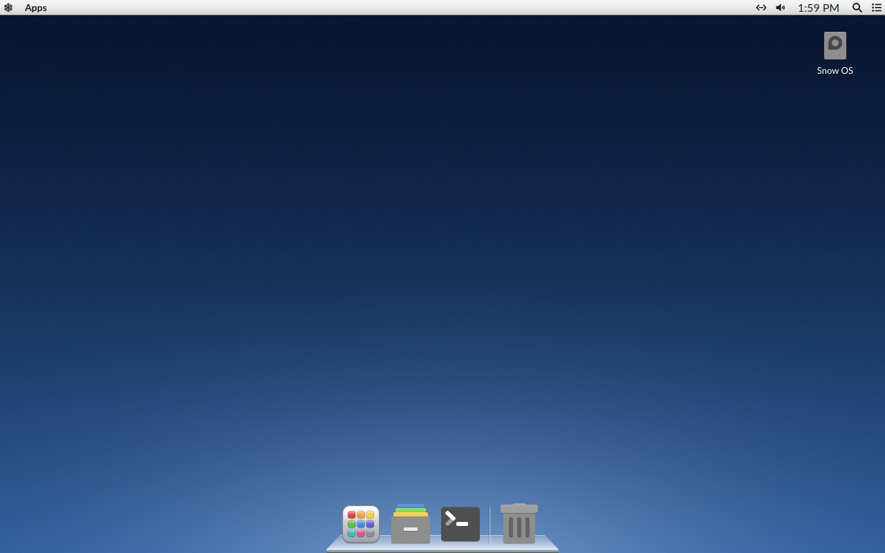 The Snow OS desktop: menu bar on top, and a Dock with the app launcher, files, terminal and trash at the bottom.